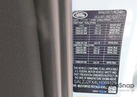 2020 Land Rover Range Rover Evoque S z USA, uszkodzony, nr VIN SALZJ2FX4LH069129